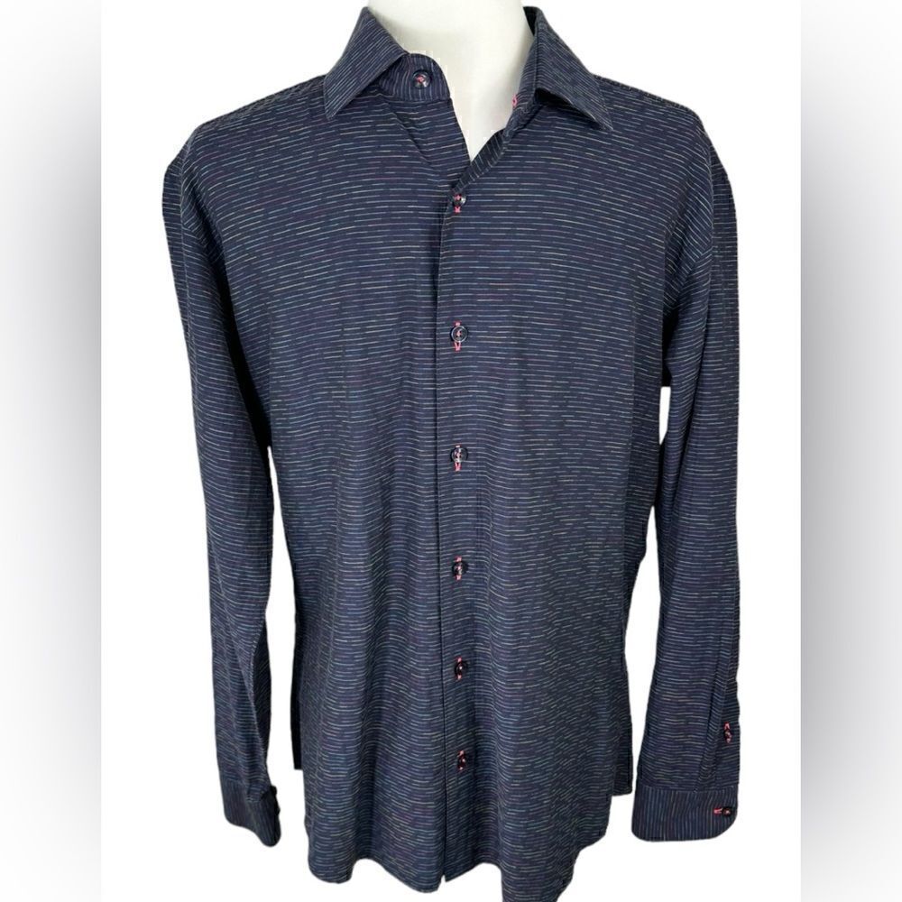Jared Lang Navy Blue & Pink Striped Button Down Long Sleeve Dress Shirt